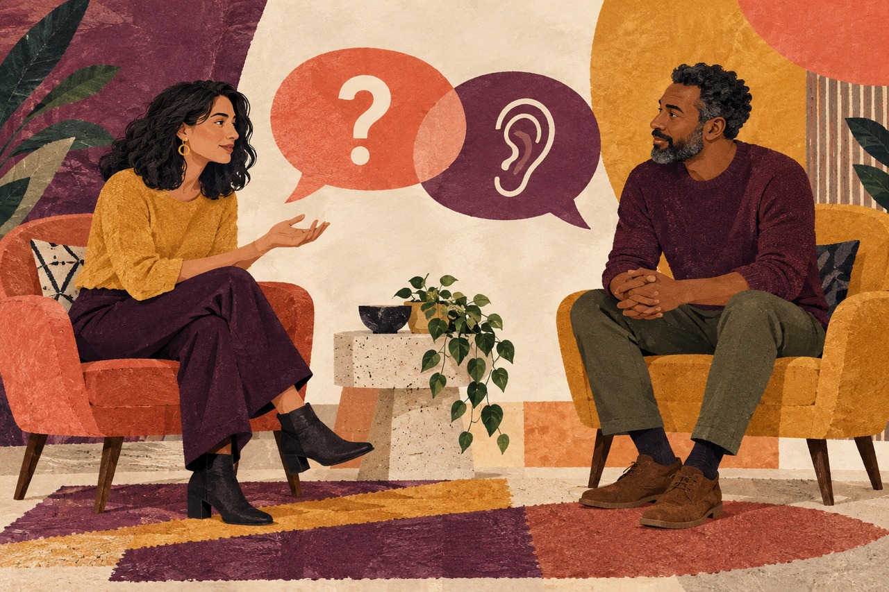 Illustration de deux adultes en conversation, avec des bulles symbolisant une question et l’écoute.