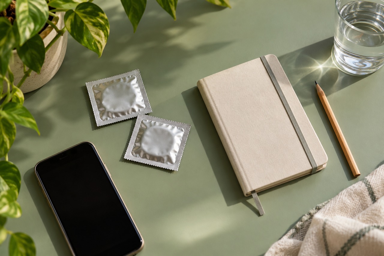Deux emballages de préservatifs fermés, un carnet et un téléphone posés sur une table verte.