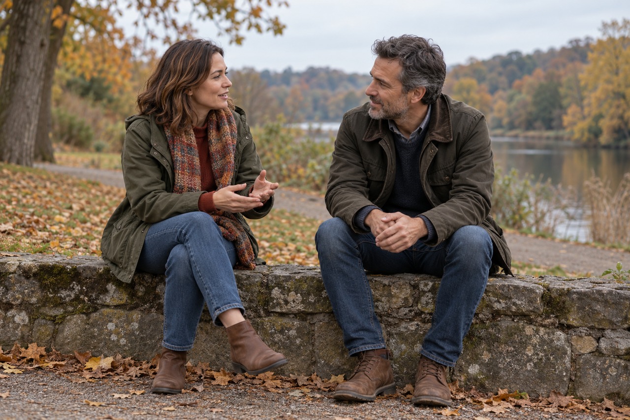 Deux partenaires adultes discutent avec attention, assis sur un muret dans un parc en automne.