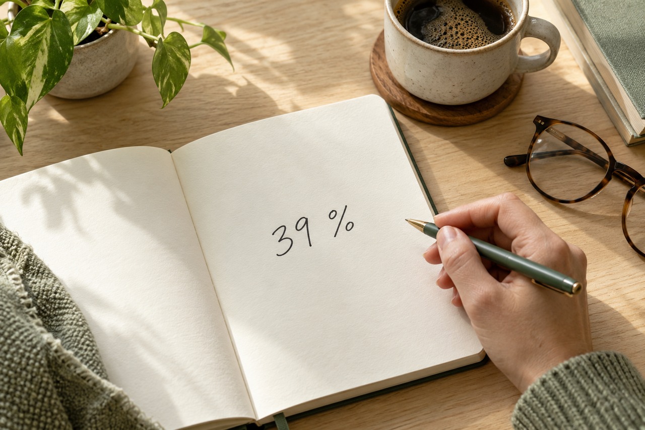 Le chiffre 39 % écrit sur un carnet, à côté d’un stylo, de lunettes et d’une tasse de café.