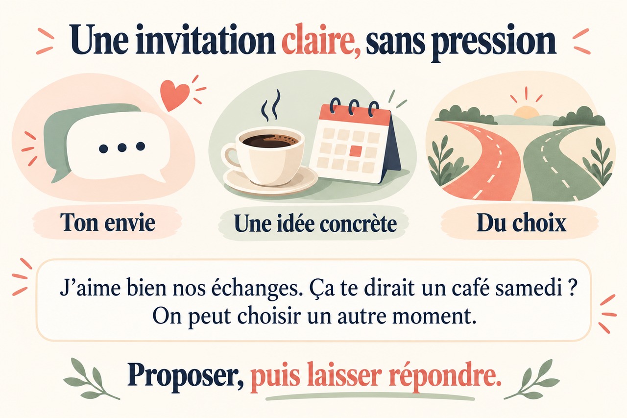 Infographie : exprimer son envie, proposer une idée concrète et laisser le choix du moment.