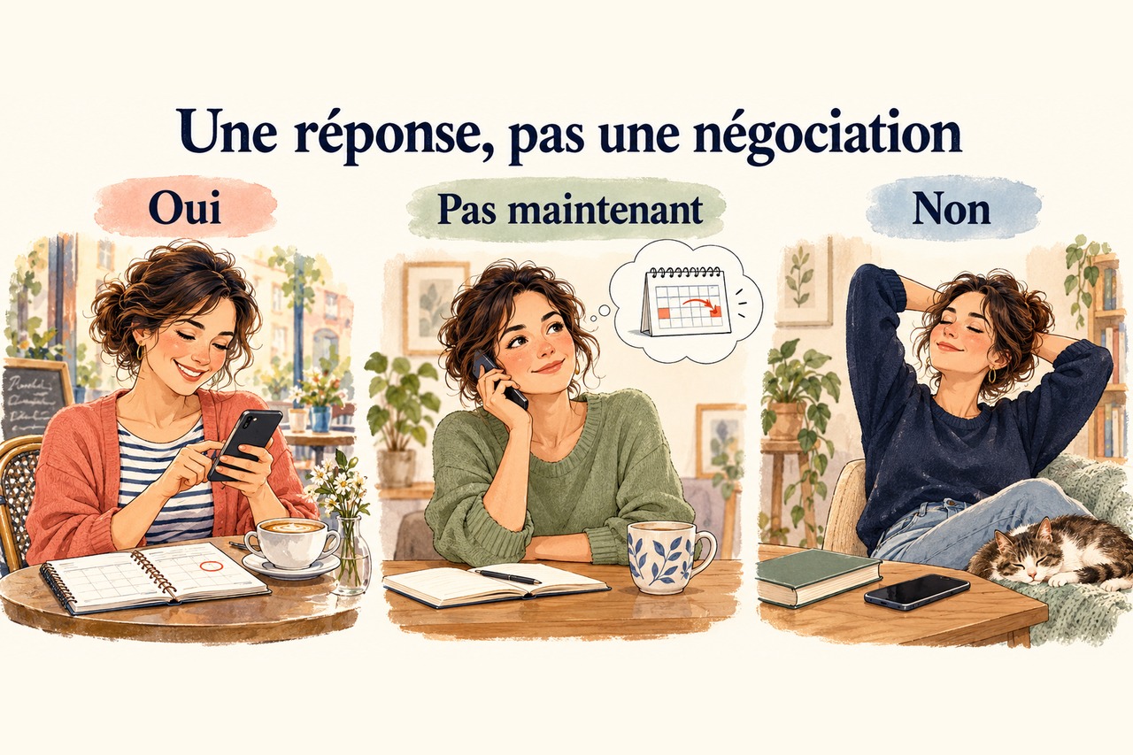 Trois situations illustrées : organiser la rencontre après un oui, accepter un report et respecter un non.