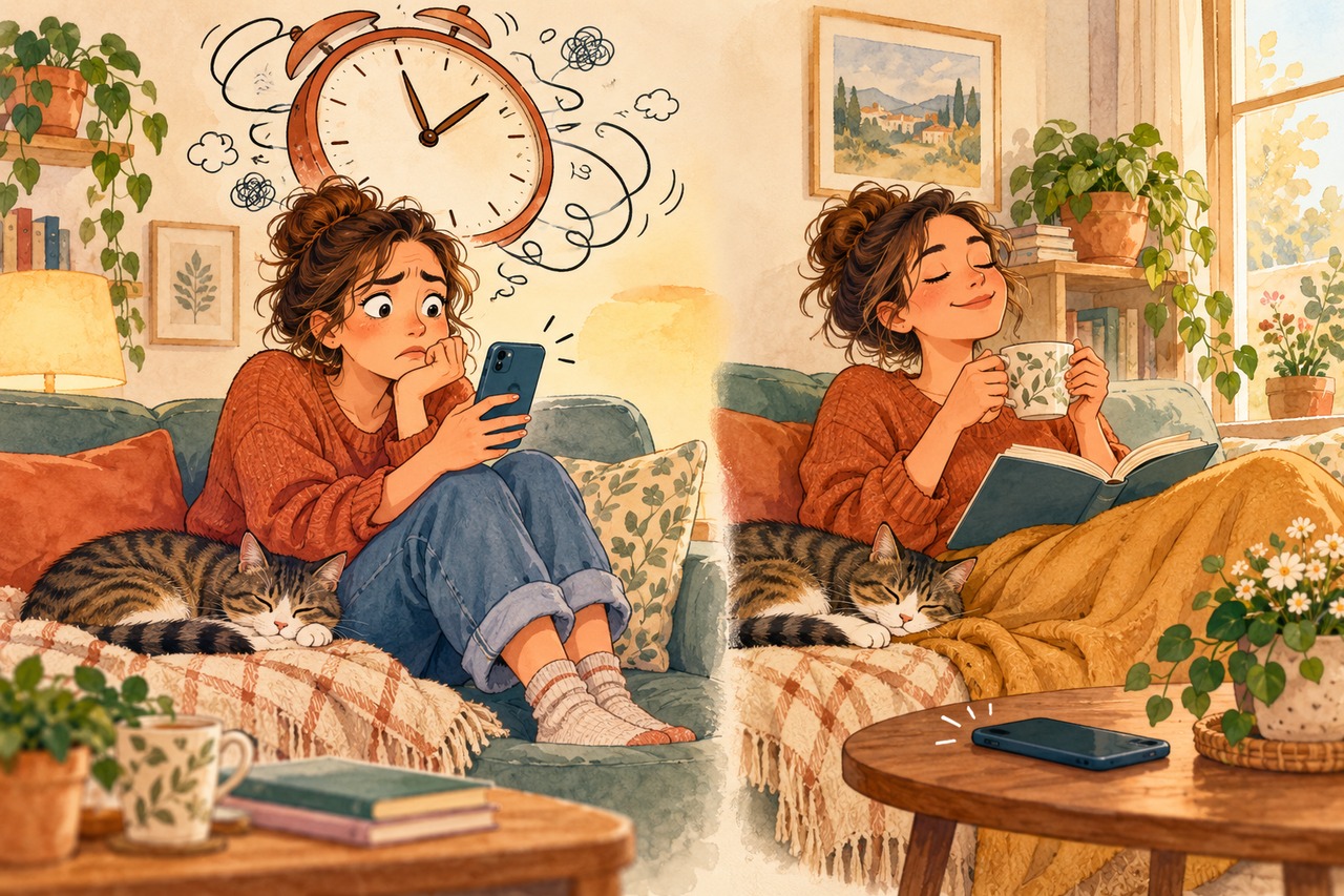 Dessin humoristique : une adulte attend devant son téléphone, puis le pose pour profiter d’un livre et d’une tasse de thé.