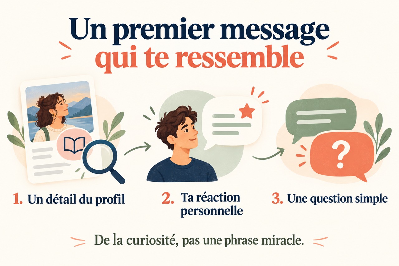 Trois repères pour un premier message : un détail du profil, une réaction personnelle et une question simple.