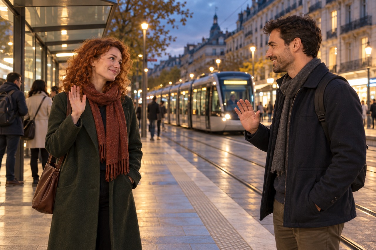 Deux adultes se disent au revoir avec un sourire à un arrêt de tramway, sans contact physique.