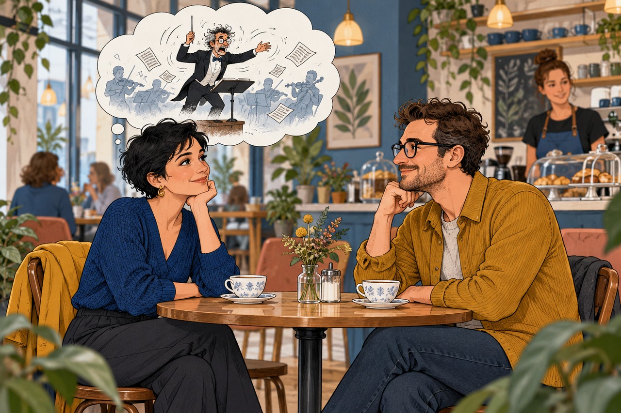Dessin humoristique : deux adultes font une pause au café tandis qu’un chef d’orchestre imaginaire illustre les pensées agitées de l’un.