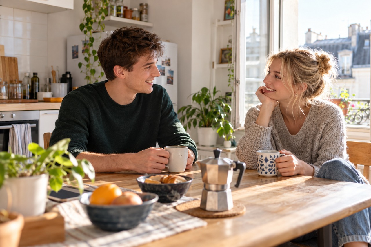 Un jeune homme adulte imberbe et une jeune femme adulte blonde discutent avec le sourire autour de deux cafés.